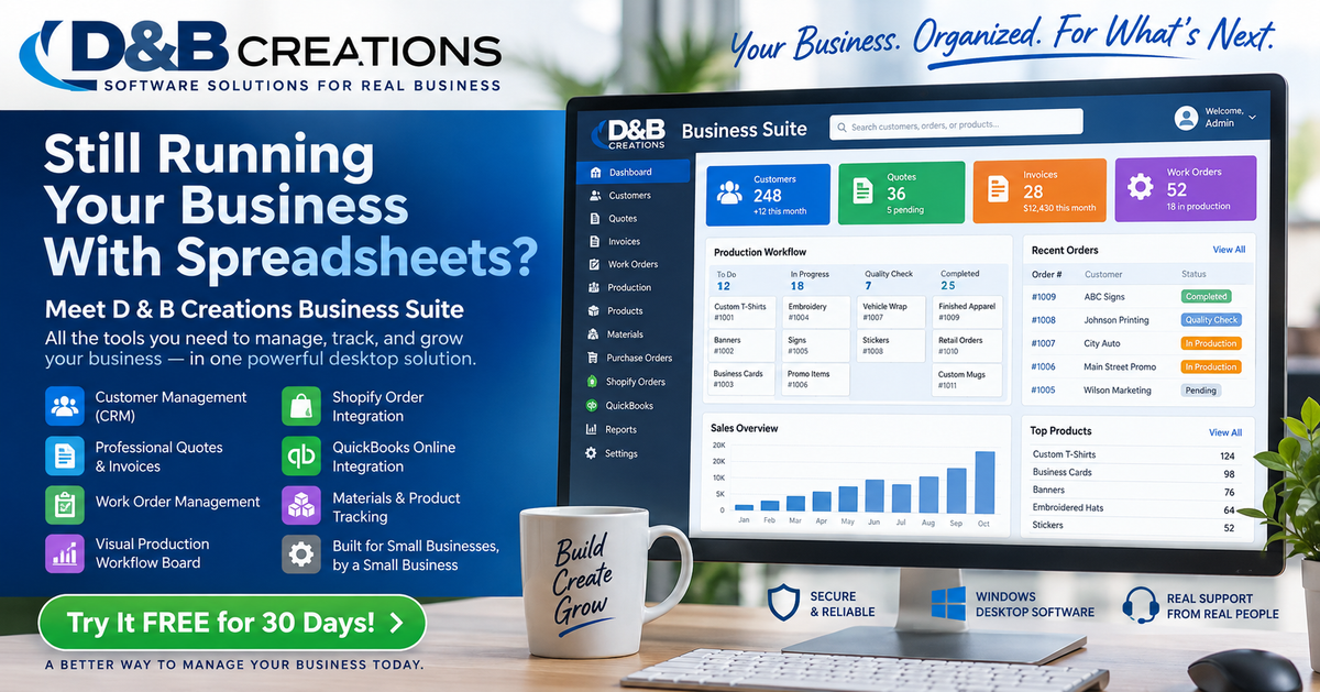 D&B Creations Business Suite software dashboard showing customer management, quotes, invoices, work orders, Shopify integration and production workflow.