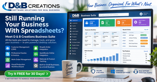 D&B Creations Business Suite software dashboard showing customer management, quotes, invoices, work orders, Shopify integration and production workflow.